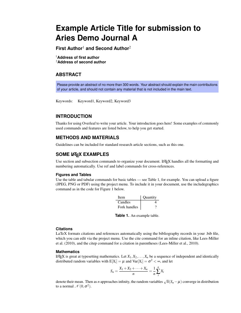 Demonstration template for submission to Aries Demo Journal A