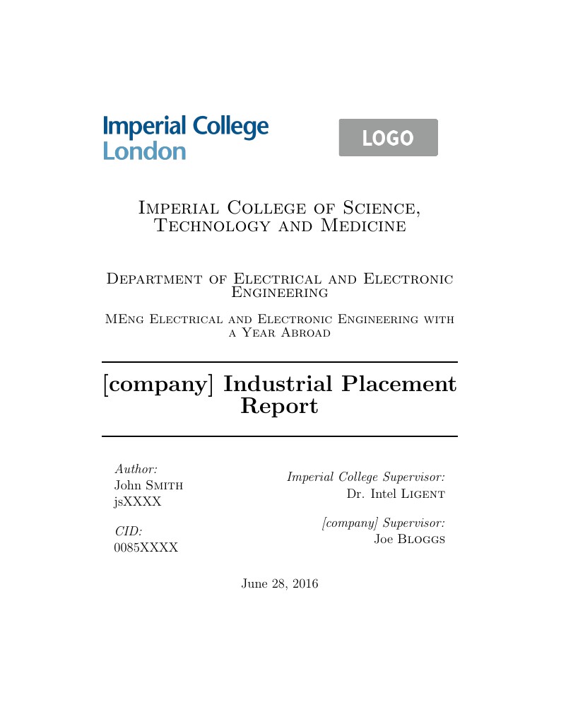 Imperial Industrial Placement Report Template