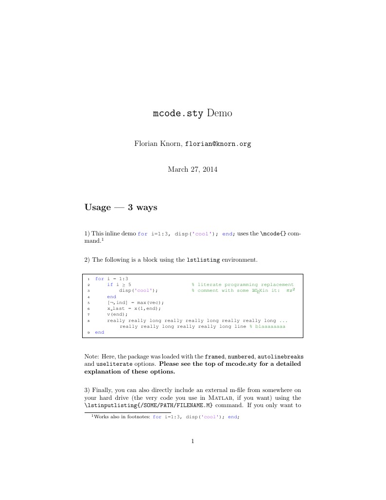 Highlighting MATLAB Code in LaTeX with mcode